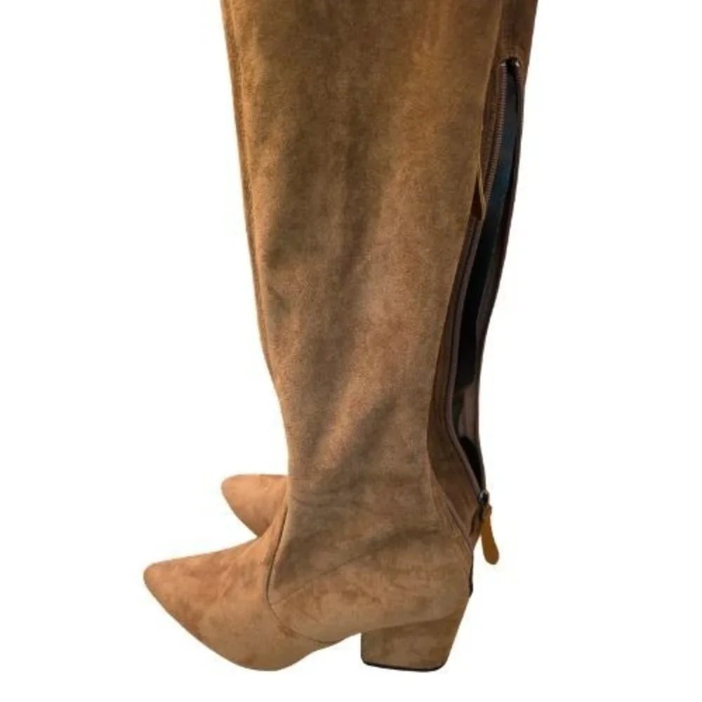 Womens Sz 40 Brown Faux Suede Over The Knee Block Heel Pointed Toe Zip Boots